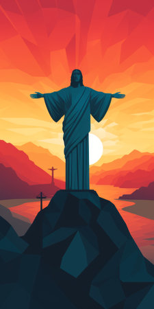 christ, with wings, stands on a hill, embodying the spirit of conquest. this poster art, inspired by the die brucke movement, showcases bold graphic illustrations and an imposing monumentality. the isometric perspective adds depth to the romantic and dramatic landscapes, reminiscent of contemporary latin american art. ai generatedの素材