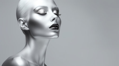 a 3d modern female futuristic portrait featuring photo realistic makeup is captured in this image. the portrait is isolated on a white background and showcases a sleek metallic finish, reminiscent of the style of liquid metal. with a shallow depth of field, the photo exudes a timeless beauty, combining light silver and black tones. influences from renowned photographers such as horst p horst and nathanの素材