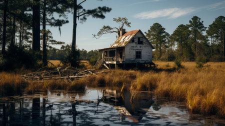 an abandoned house stands near the murky waters of a swamp in the southern countryside. this documentary-style travel photograph captures the essence of the location, with vignetting adding a touch of nostalgia. shot in 32k uhd, the earthy color palette enhances the nature-inspired imagery, while the grit and grain add a raw and authentic feel to the scene. ai generatedの素材