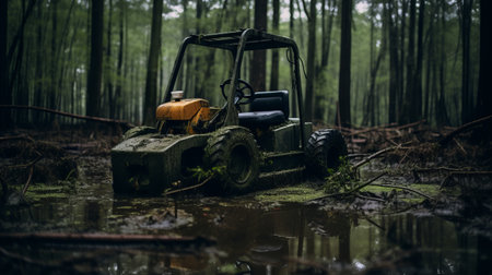 a cyberpunk-style photo featuring a mud-covered tractor navigating through a dense forest. captured with the minolta riva mini camera, the image showcases the photorealistic accuracy of ray collins' work. the composition, reminiscent of a dystopian setting, is enhanced by the artistic touch of alex petruk ape. with elements like "rtx on" and "nature morte," this captivating image merges technology and nature in a unique way.の素材