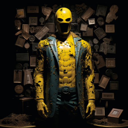 a man dressed in yellow stands in front of a stuffed full of objects, in the style of noir comic art. the matte photo captures the skeletal appearance of the man, adorned with intricate body-painting. the dark yellow and turquoise colors add a striking contrast to the overall composition, reminiscent of superheroes. ai generatedの素材