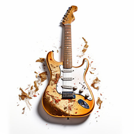 golden electric guitar covered by pine leaves, featuring drips and splatters in the style of fragmented advertising. this unique artwork by matthias haker showcases broad palette knife marks on a white background, creating a meticulous photorealistic still life. the combination of the guitar and pine leaves adds a touch of intrigue to this terrorwave-inspired composition. ai generatedの素材