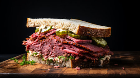 a corned beef and brie sandwich with pickles is showcased on a dark wooden table. this high-resolution photograph captures the bold colors and strong lines of the sandwich, creating a visually detailed portrait. the image exudes a sense of monumentality and religious significance, reminiscent of a reefwave. ai generatedの素材