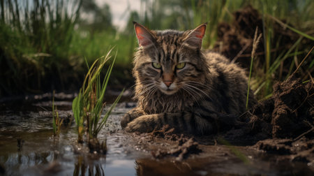 exotic cat in mud live wallpaper captures the essence of nature with evocative environmental portraits in the style of gabriel metsu. the sparkling water reflections and dutch landscapes, as seen through the lens of canon eos 5d mark iv, add to the beauty of this photo. alan moore's artistic touch is evident in this stunning composition. ai generatedの素材