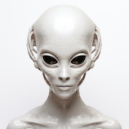 3d model head of an alien on a white background, featuring a shallow depth of field. this realistic rendering showcases the intricate details of the human-like form, with a color palette of light gray and white. the digital enhancements add an esoteric and alienpunk vibe to the overall composition, resulting in a captivating and visually striking image. ai generatedの素材