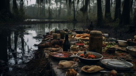 a table of food, inspired by southern gothic aesthetics, is placed near the fog in this detailed and atmospheric uhd image. the scene showcases hunting scenes and incorporates elements of indigenous culture, portrayed through the heavy use of palette knives. ai generatedの素材