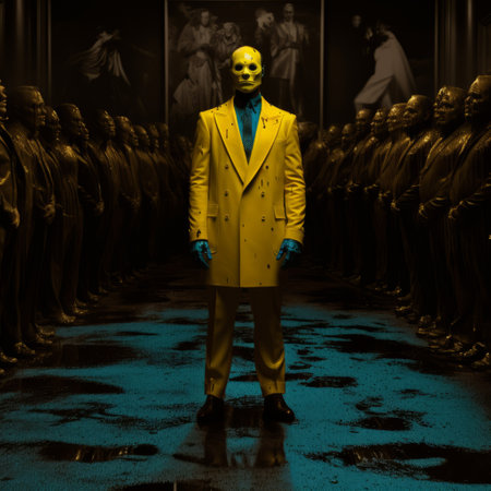 the man in black, wearing a yellow shirt and scuffed trousers, stands in front of a hall of mirrors. this pop art pop culture-inspired photograph, in the style of anton semenov, captures the vibrant colors of yellow and aquamarine. shot in 8k resolution by george stefanescu, this image is reminiscent of the unique and captivating work of sacha goldberger. ai generatedの素材