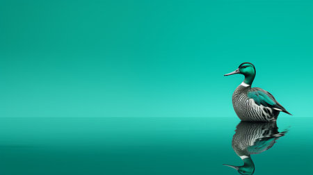 a duck stands gracefully in the turquoise water, surrounded by a minimalist background featuring dark green and silver hues. this uhd image captures the beauty of the scene, with spot metering enhancing the details. the work of lee broom and jonathan wolstenholme is evident in the highly polished surfaces. ai generatedの素材