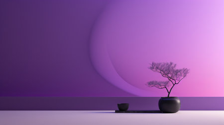 a purple background sets the stage for a captivating photo featuring a plant. this visually stunning image showcases the artistic style of vray, oriental minimalism, and dramatic perspective. the use of ambient occlusion and silhouette lighting adds depth and intrigue. the ceramic elements and minimalist stage design further enhance the overall aesthetic. ai generatedの素材