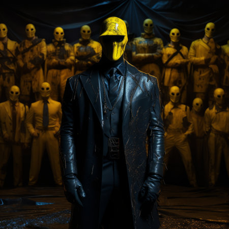 the nexus 6 review by william taylor on rotten tomatoes showcases a dystopian art style with a striking combination of yellow and black. the stylish costume design adds to the overall aesthetic, creating a dark paradise. this captivating photo was skillfully captured with a nikon d750, highlighting the leatherhide and the enigmatic group zero. ai generatedの素材