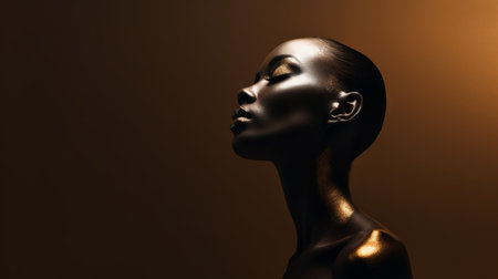 a black woman with a golden metallic body and brown eyes is featured in this stunning 3d model photo. the image showcases sublime color contrasts, a luminous palette, and a dramatic use of lighting. the sleek and spray-painted aesthetic adds to the timeless beauty of this award-winning composition. ai generatedの素材