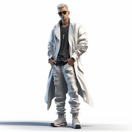 a 3d model featuring a white male person wearing sunglasses and a white vest, exuding a hip hop aesthetic with an urban and edgy vibe. the model, inspired by the renowned artist adonna khare, showcases a smooth and shiny appearance. the photo, developed using the caffenol method, captures the full body of the model in a matte finish. ai generatedの素材