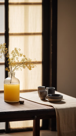 a minimalistic japanese-style door on a hemp table is positioned next to a window. the composition features a black and yellow color scheme, creating a whimsical ambiance. the still life is minimalist, with sparse and simple elements. the photograph, taken by an interior design photographer using a canon eos r5, captures the subtle and whimsical folk-inspired details. the image has a very real and cinemotographicの素材