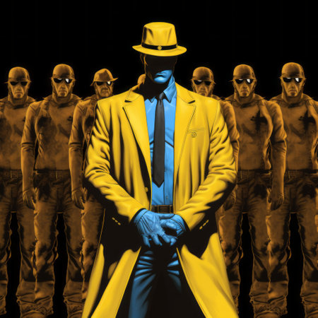 a yellow suit stands out boldly against a sleek grey background, reminiscent of the artistic styles of mike deodato, dan witz, and noir comic art. this captivating image captures the essence of group zero, with its orderly arrangements and color-madness mastery, showcasing a striking combination of yellow and azure. ai generatedの素材