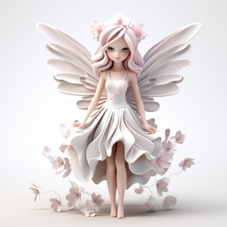 an anime 3d fantasy lady in white, with a whimsical and cartoonish style. she exudes childlike innocence and charm, adorned in light pink hues and surrounded by floral elements. this angelcore character is beautifully sculpted, showcasing cute and cartoonish designs. ai generatedの素材
