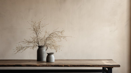 a minimalistic japanese-style door on a hemp table is seen next to a window. the black and khaki color scheme creates a sparse and simple yet whimsical ambiance. this minimalist still life captures the subtle and whimsical folk-inspired elements. the photograph, taken by an interior design photographer using a canon eos r5, showcases a lot of detail in the objects. with a touch of filmの素材