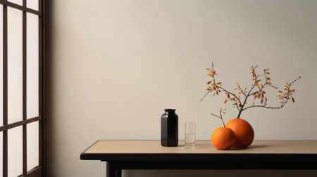 a minimalistic japanese-style door on a hemp table is captured next to a window in this photograph. the black and orange color scheme creates a whimsical ambiance. the composition is sparse and simple, with subtle, folk-inspired elements. the interior design photographer has captured a lot of detail in the objects, resulting in a very real and cinemotographic feel. shot with a canon eos r5, theの素材