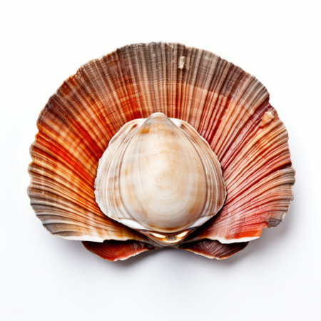 the photo showcases a shell with a unique design, combining two different colors in the style of david burdeny. inspired by dutch tradition, the shell stands out against a white background. this captivating image, captured by pegi nicol macleod, features a symmetrical pattern in light red and white. creative commons attribution applies. ai generatedの素材