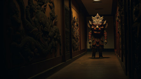 an artful relic statue in the hallway, featuring a unique yokai illustration style. this 8k resolution photograph captures the essence of darkest academia with its uniformly staged composition. influenced by ancient chinese art, the statue is adorned with masks and totems, creating a celestialpunk aesthetic. ai generatedの素材