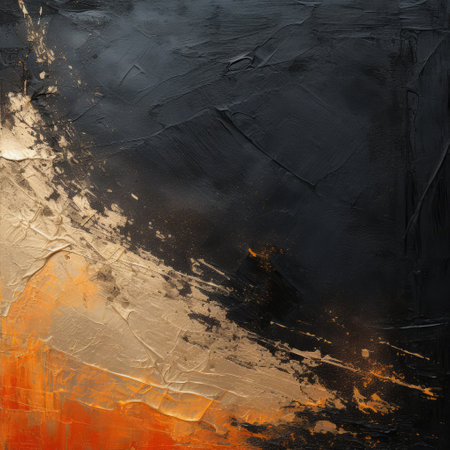 an abstract oil painting by dusan djukaric, featuring a dramatic atmospheric perspective in dark white and dark orange tones. the artwork showcases a tonalist style with a combination of dark gray and light gold hues. this high-definition image captures the artist's unique technique, creating a captivating and burned/charred effect. ai generatedの素材
