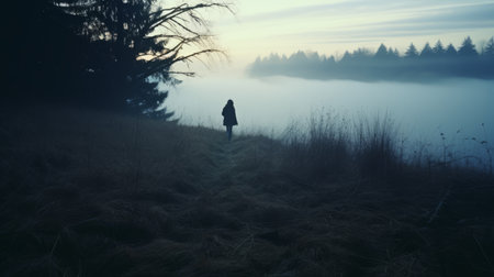a mysterious jessica walks through the autumn grass on a cold morning, captured in a cliff instamatic lo-fi photo. the image showcases a distant cliff, silhouettes of tall trees, and a thick fog, all enveloped in cold blue tones. ai generatedの素材