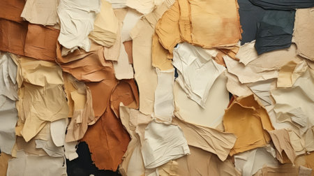 a wall adorned with a multitude of brown fabrics and papers in various vibrant colors, featuring irregular organic forms. the realistic color palette consists of light orange and light beige hues. the artwork showcases cutripped elements, expressionist thick paint strokes, and a touch of leatherhide, exuding a raw and authentic aesthetic. ai generatedの素材