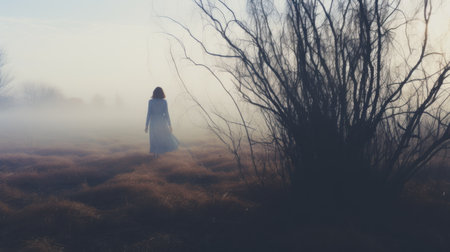 mysterious betty walks through autumn grass in a desert, captured in a lo-fi, instamatic photo. the cold morning adds to the enigmatic atmosphere, with a distant desert and silhouettes of tall trees. the image is shrouded in fog, creating a cold blue-toned aesthetic. ai generatedの素材