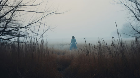 a mysterious barbara walks through autumn grass on a cold morning in the badlands, captured in a lo-fi, instamatic-style photo. the image showcases silhouettes of tall trees against a backdrop of fog, with a distant view of the badlands. the cold blue tones add to the atmospheric ambiance of the scene. ai generatedの素材