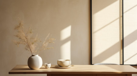 a minimalistic japanese-style door on a hemp table is captured next to a window in this photograph. the black and cream color scheme creates a sparse and simple yet whimsical ambiance. the image, taken by an interior design photographer using a canon eos r5, showcases a lot of detail in the objects. with a touch of film grain and a cinemotographic feel, this 32k uhdの素材