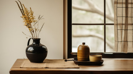 a minimalistic japanese-style door on a hemp table is captured next to a window in this photograph. the composition showcases black and rust tones, creating a whimsical ambiance. the image is characterized by a sparse and simple aesthetic, with subtle, whimsical folk-inspired elements. it was taken by an interior design photographer using a canon eos r5, resulting in a very real and cinemotographic feel, enhancedの素材
