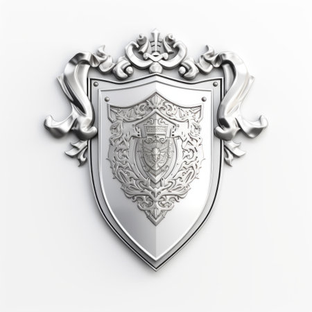 a 3d silver shield ornament with ornamental details and embellishments, captured in a high-quality photo. the soft shading and vignetting add depth to the image, while the white background highlights the classicist style of the ornament. this high-resolution photo showcases the intricate craftsmanship of the silver shield. ai generatedの素材