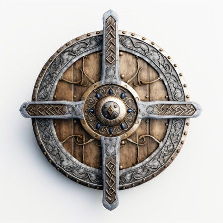 the viking shield on the wall is a stunning piece of art, crafted in the style of 8k 3d. with its metallic rotation, the shield showcases a captivating blend of dark white and light brown tones. the intricate mosscore design highlights the emphasis on detail, while the fusion of east and west influences adds a unique touch to this remarkable piece. ai generatedの素材
