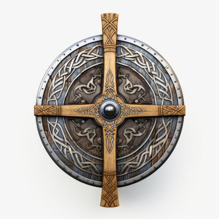 a sword shield, with hyperrealistic details, stands atop an oval surface in this aerial view photograph. the intricate design showcases elements of celtic art, while the gray and brown tones blend seamlessly with the norwegian nature backdrop. this interactive piece captures the meticulous craftsmanship and attention to detail. ai generatedの素材