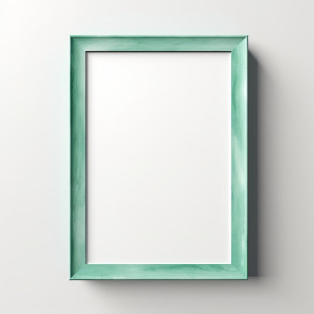 a blank square picture frame on a white background, designed in a photorealistic painting style. the frame features a light emerald and gray color scheme, with accents of light teal, light green, light brown, and light violet. the surface of the frame is smooth, and the framing is distinct. ai generatedの素材