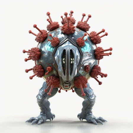 a small green, red, and blue coronavirus stands in the style of shohei otomo, featuring a grotesque appearance. created using octane render, this liquid metal sculpture showcases intricate scientific subjects. with wormcore elements and shiny eyes, this artwork captures the essence of the virus in a visually captivating manner. ai generatedの素材