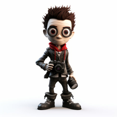 an artist, in the style of skottie young, is captured in a 3d image as they gaze directly at the camera. the image exudes a corporate punk vibe with a touch of childlike innocence. the artist's eyes are shiny and captivating, reminiscent of tim burton's signature gloomy aesthetic. the use of vray enhances the overall visual appeal of the image. ai generatedの素材