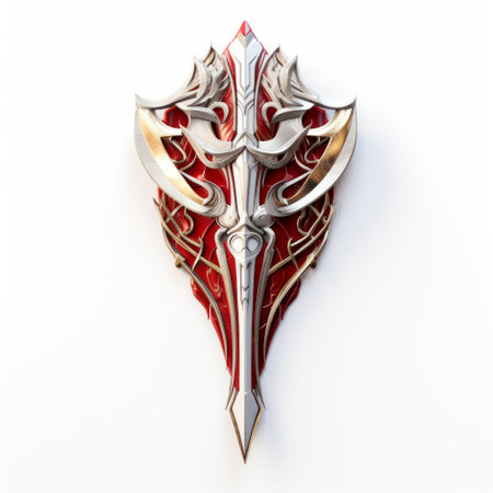elaborate sword with red and white crest in futuristic organic style - vray tracing. this symmetric composition showcases a stunning sword with a red and white crest. the white background enhances the futuristic feel, while the aerial view highlights its intricate details. the image also features ritualistic masks and elements of dragoncore, creating a captivating visual experience. ai generatedの素材
