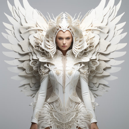 an avian-themed, symmetrical design rendered in cinema4d by alexis moffitt. this new image, uploaded on january 26th, 2015, showcases intricate costumes in a dark white and light beige color palette. with its richly layered composition, this uhd image captivates viewers with its attention to detail and artistic flair. ai generatedの素材
