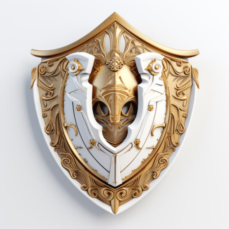 a close-up photo of a knight in gold armor, holding a shield adorned with a knight icon. the artwork, created by johnson tsang, features symmetric compositions and ambient occlusion style. the knight's armor showcases intricate animal motifs, reminiscent of xbox 360 graphics. this luxurious wall hanging captures the attention with its detailed craftsmanship and captivating design. ai generatedの素材