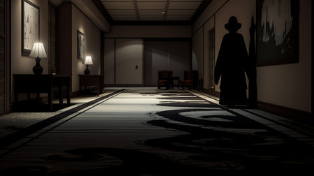 shadowing an alleyway in the dark, this photo captures the essence of traditional japanese motifs. inspired by animated film pioneers, it showcases realistic interiors with a touch of the superflat style. silhouette figures add intrigue to the scene, while the hall of mirrors creates a captivating carpetpunk atmosphere. ai generatedの素材