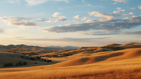 a serene landscape captured by canon eos rebel t6, showcasing undulating hills that mimic the rhythm of a steady heart. the varied heights of the hills create an iso rhythm, while the open grassland bathed in soft evening light adds to the tranquil ambiance of the environment. ai generatedの素材