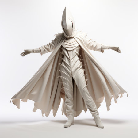 a 3d model of a man in a white jacket and white cloak, showcasing an avian-themed, futurist dynamic movement. the fanciful costume design draws inspiration from dc comics, featuring a monochromatic color scheme. the model seamlessly integrates with the human canvas, creating a visually striking porcelain-like effect. ai generatedの素材