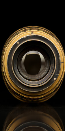 the vintage camera lens, featuring the round part, is showcased on a sleek black background. with a touch of elegance in gold and beige, this lens is a wollensak 127mm f47 ektar and a zeiss otus 85mm f14 apo planar t. dating back to 1900-1917, its dark crimson and gold tones make it perfect for capturing wealthy portraiture with exceptional optical quality. ai generatedの素材