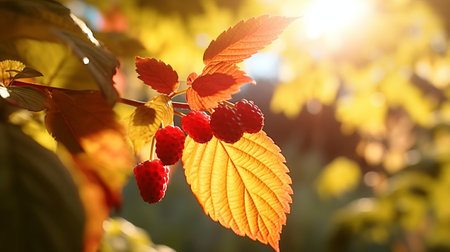 two vibrant berries, one raspberry and a red leaf, bask in the warm glow of an orange sun. this stunning photograph showcases the interplay of light and color, with a touch of vray tracing. the combination of light yellow and magenta creates a naturalistic depiction of the flora and fauna. captured with a leica m10, the luminous quality and exquisite brushwork make this image trulyの素材