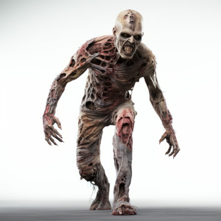 an animated zombie, captured in a hyper-realistic sculpture style, is seen running around in this national geographic photo. the isolated figure showcases intricate costumes, embodying the essence of zombiecore. shot on 70mm, this full-body image captures the detailed features of the animated zombie in its lifelike form. ai generatedの素材