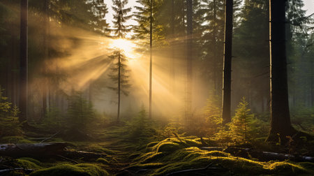 a stunning star photo taken from within a misty boreal forest at dawn. the soft rays of the sun filter through the fog, creating an ethereal atmosphere. in the distance, a majestic 3d printing glides gracefully through the forest, its powerful searchlight piercing the mist, illuminating the path ahead. this captivating image captures the awe-inspiring beauty of the stars and the harmonious presence of advancedの素材