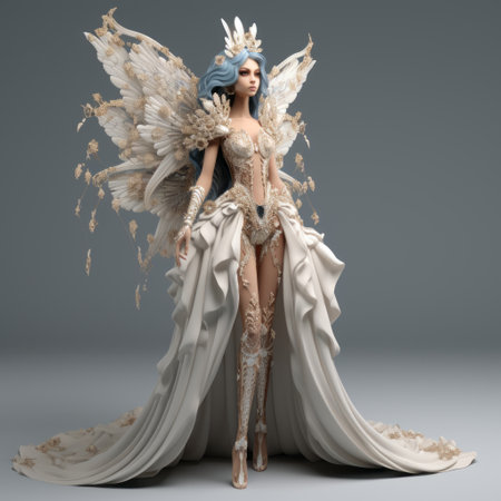 an elaborate doll with a gold dress and feathers, inspired by the style of zbrush and fairy academia. this detailed character design showcases light white and light indigo colors, with realistic and hyper-detailed renderings. the doll's costume is intricately designed, reflecting the angelcore aesthetic. ai generatedの素材