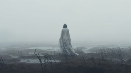 a dreamy foggy landscape scene, inspired by "the death of sarah" by john carroll, captures the essence of conceptual portraiture. this uhd image, created by andreas levers, showcases a sculpted and dark white atmosphere. the nightmarish illustrations evoke a sense of mystery and intrigue, with a slumped and draped aesthetic. ai generatedの素材