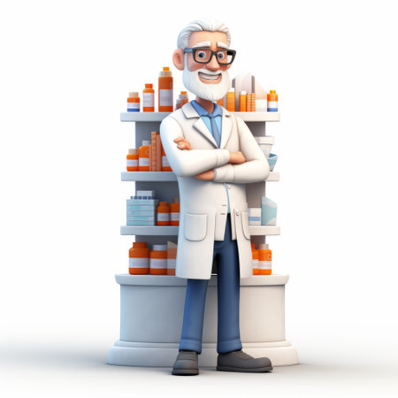 pharmacy character and man standing in front of shelf stock photo featuring animated expressions in the style of zbrush. this high-quality photo showcases pensive poses with a white and orange color scheme. a spectacular show of ages, this image is made with attention to detail and captures the essence of a pharmacy setting. ai generatedの素材