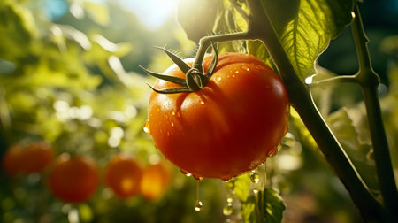 tomato on the vine in the garden, bathed in sunrays, showcasing hyper-realistic water droplets. this uhd image captures the essence of farm security administration aesthetics, reminiscent of a matte photo. an associated press photo that beautifully portrays the natural beauty of a tomato, glistening with water droplets. ai generatedの素材
